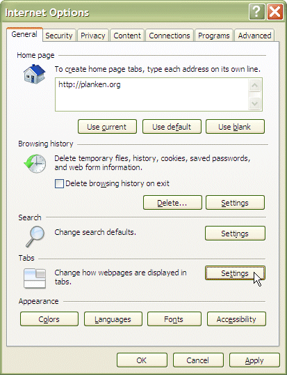 IE8: internet options, tab settings